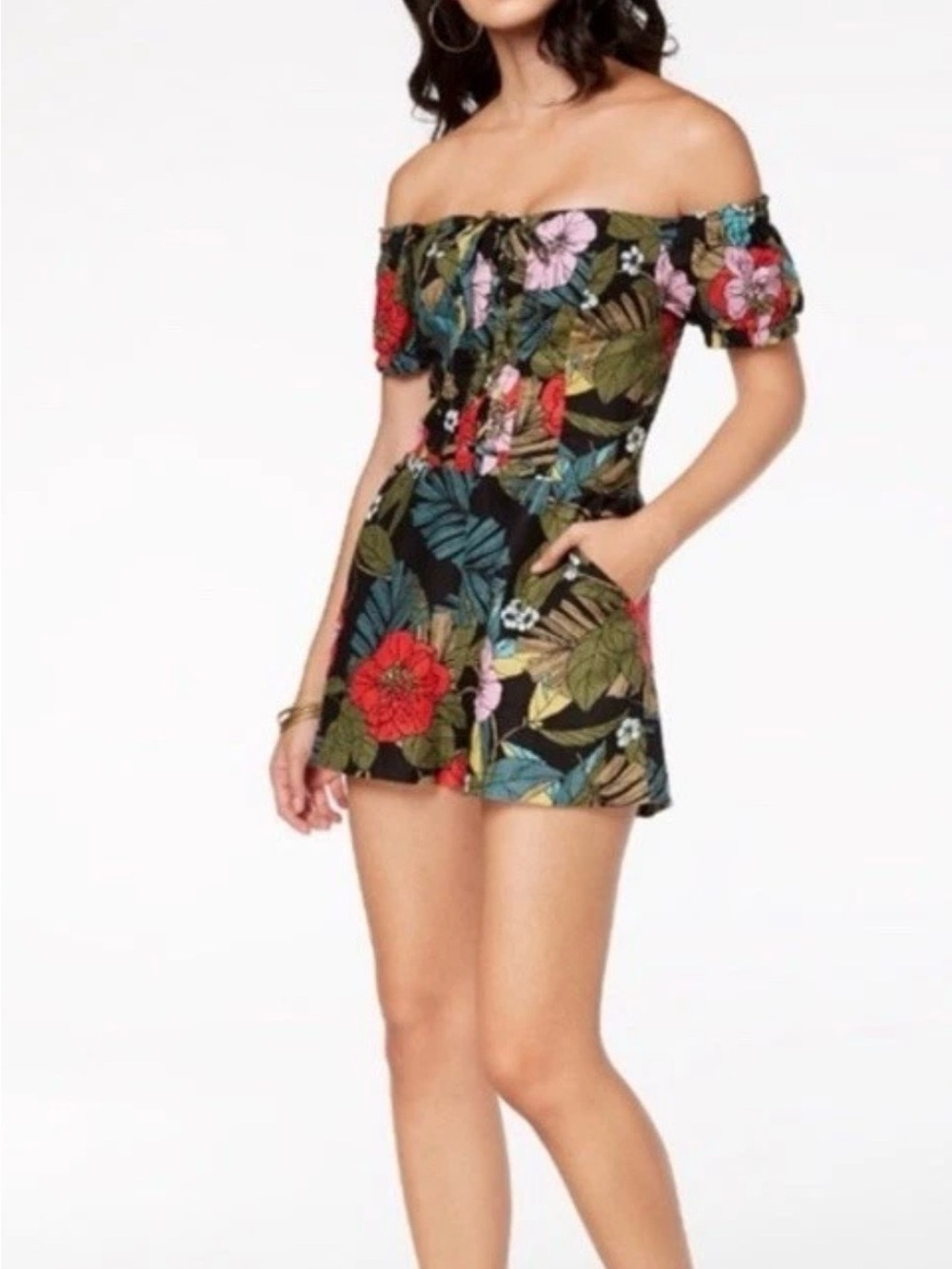 Guess Black Floral Linen Blend Floral Romper Off Shoulder Rockabilly Tropical 4